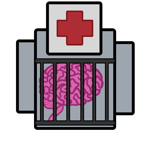 A drawing of a brain inside a hospital-like building with a red plus sign on it. The brain is behind jail cell bars.
